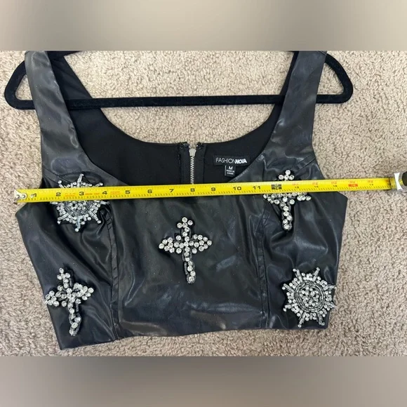 Fashion Nova Faux Leather Rhinestone Crop Top & Flare Pants Set | Black | M - Picture 14 of 15